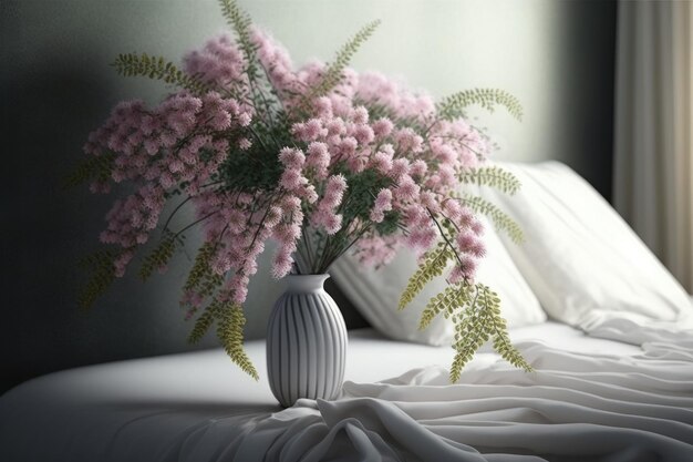 Um buquê de delicadas flores de mimosa rosa em um vaso em uma cama de cetim branco criado com generativo