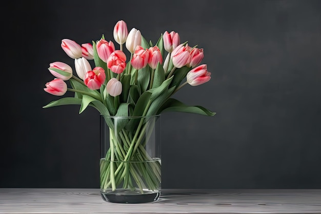 Um buquê de delicadas tulipas de primavera em um vaso