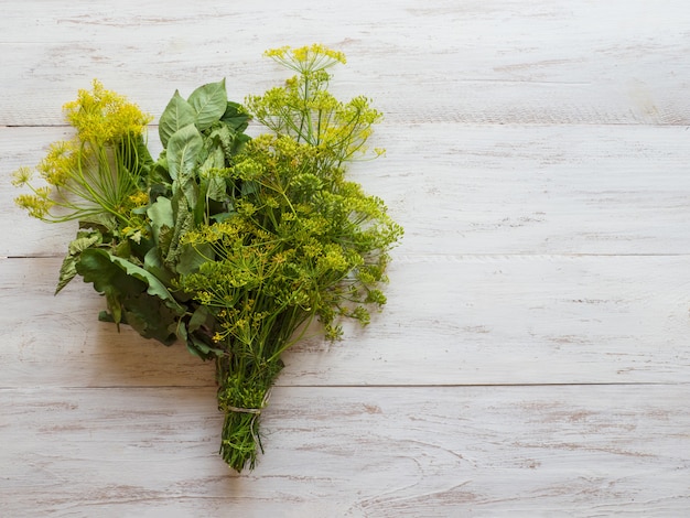 Um buquê de especiarias para decapagem. Especiarias verdes para preservar legumes em um fundo branco de madeira