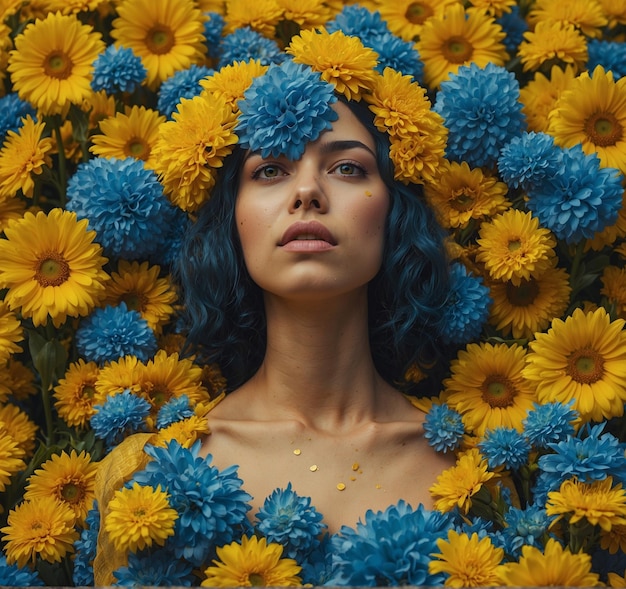 um buquê de flores amarelas e azuis com as palavras flores na parte inferior