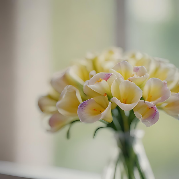 um buquê de flores amarelas e brancas em um vaso