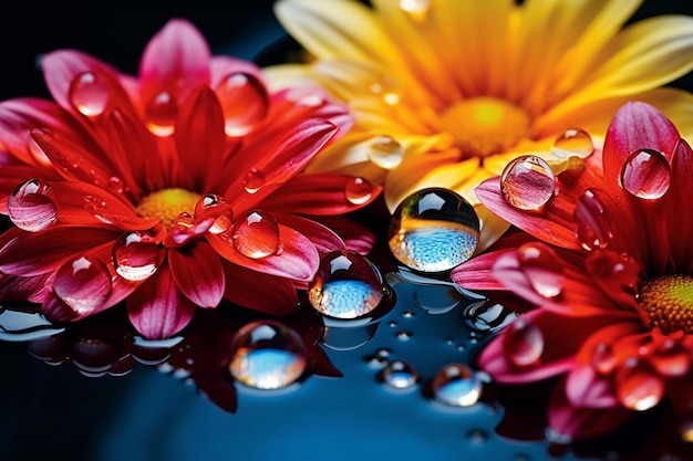 um buquê de flores com gotas de água no topo.