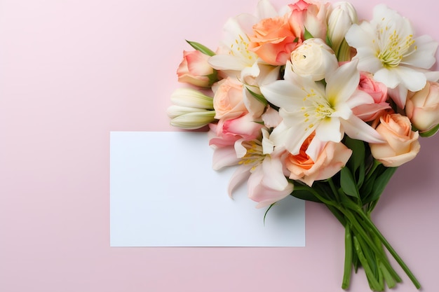 um buquê de flores com um cartão branco no fundo rosa