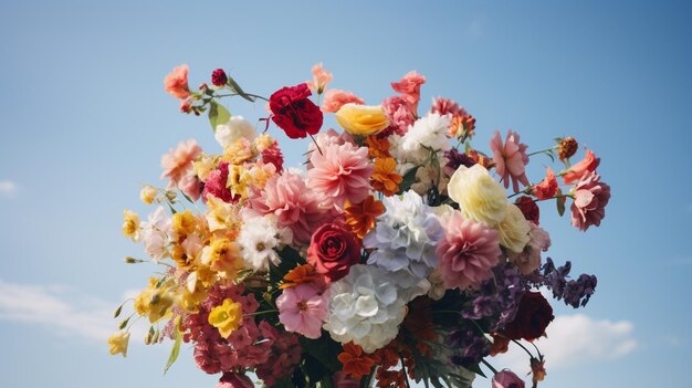 Um buquê de flores com um céu azul ao fundo