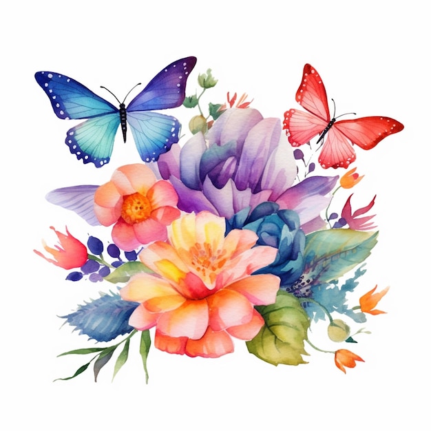 Um buquê de flores com uma borboleta e uma borboleta em um fundo branco.