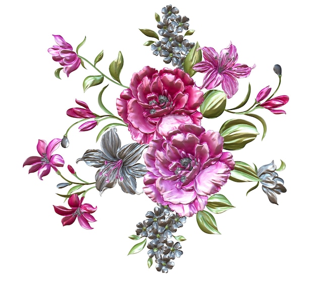 Um buquê de flores com uma flor azul em um fundo branco.