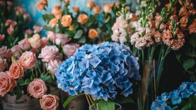 Um buquê de flores com uma flor azul no meio