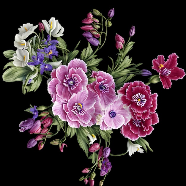 Um buquê de flores com uma flor roxa nele