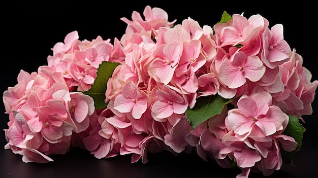 um buquê de flores cor-de-rosa com folhas verdes