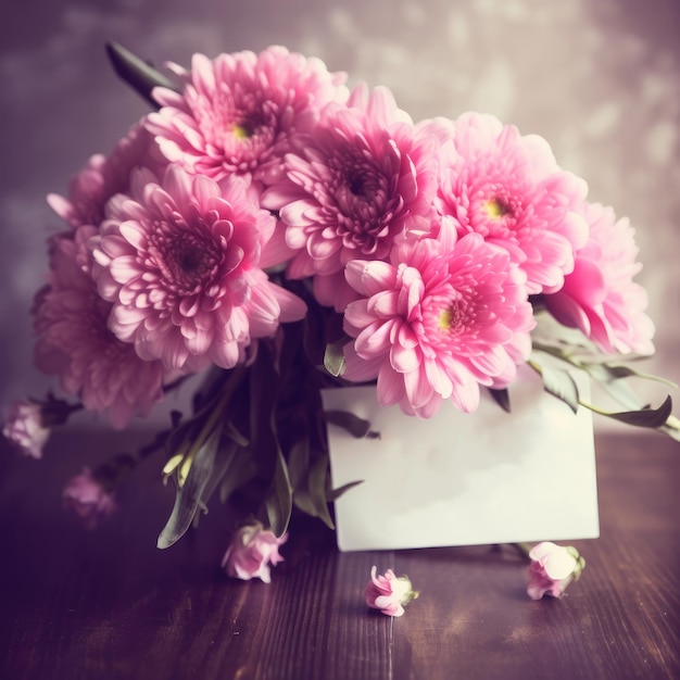 Um buquê de flores cor de rosa está sobre uma mesa com um envelope branco.