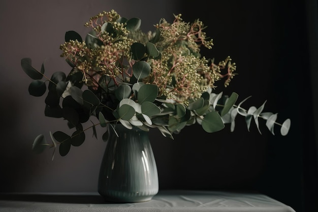 Um buquê de flores de eucalipto em um vaso