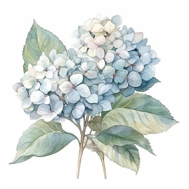 Um buquê de flores de hortênsia azul com folhas. ilustração em aquarela.
