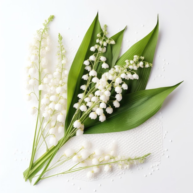 Um buquê de flores de lírio do vale em um fundo branco.