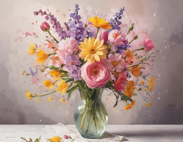 Foto um buquê de flores de primavera em um vaso em estilo aquarela