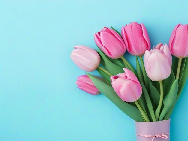 Um buquê de flores de tulipas cor-de-rosa em fundo azul pastel