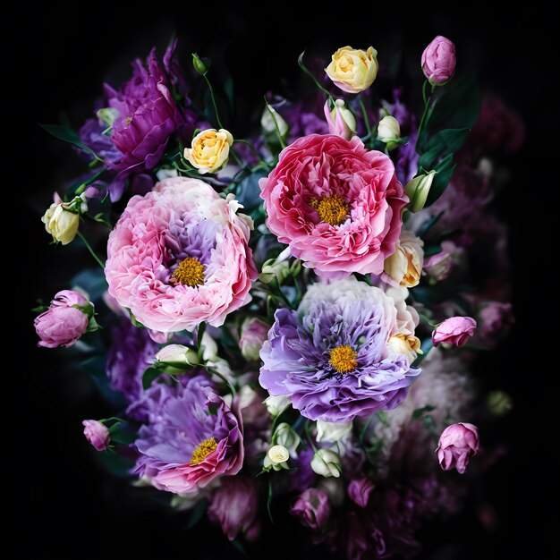 Um buquê de flores é exibido na frente de um fundo preto.