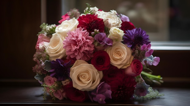 Um buquê de flores é exposto sobre uma mesa.