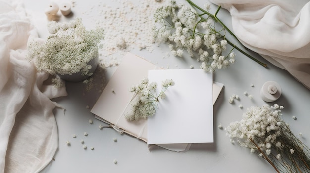 Um buquê de flores e um cartão com flores brancas sobre uma mesa