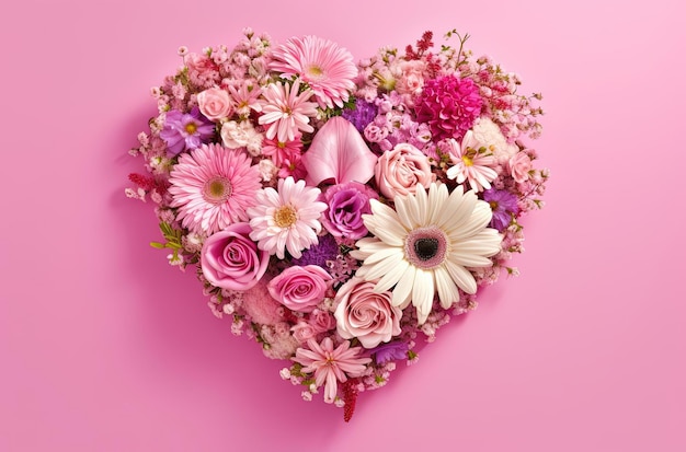um buquê de flores em forma de coração com corações em uma superfície rosa no estilo de enquadramento único