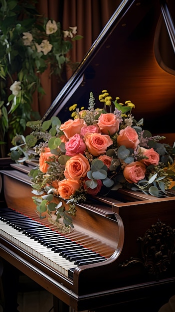 um buquê de flores em um piano