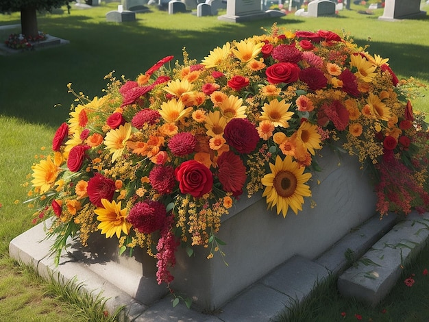 Um buquê de flores em um túmulo as flores são uma mistura de laranja vermelha