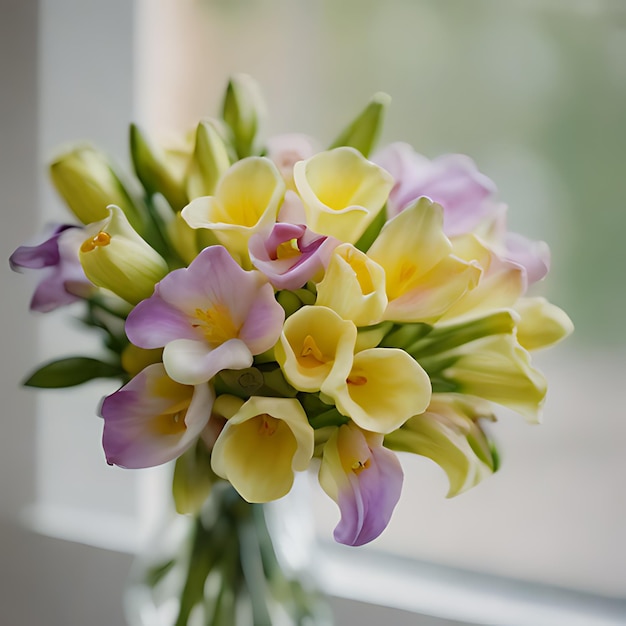 um buquê de flores em um vaso com uma janela atrás deles