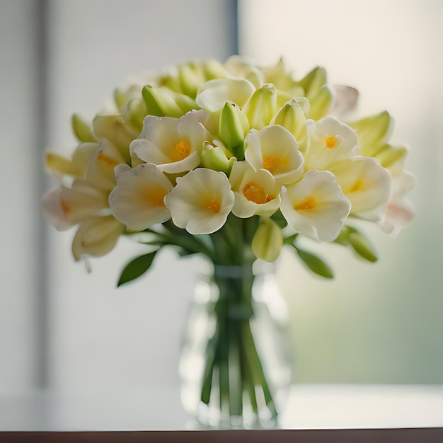 um buquê de flores em um vaso com uma janela atrás deles