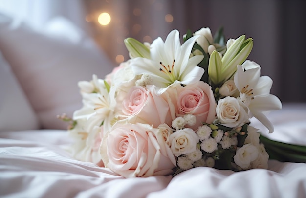 Um buquê de flores em uma cama com um bokeh de rosas.