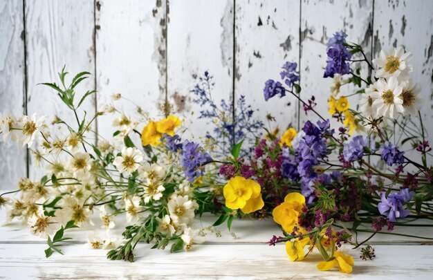 Um buquê de flores em uma mesa de madeira branca