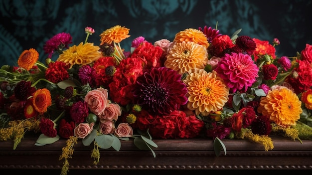 Um buquê de flores em uma mesa de madeira