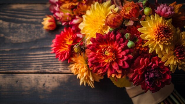 Um buquê de flores em uma mesa de madeira