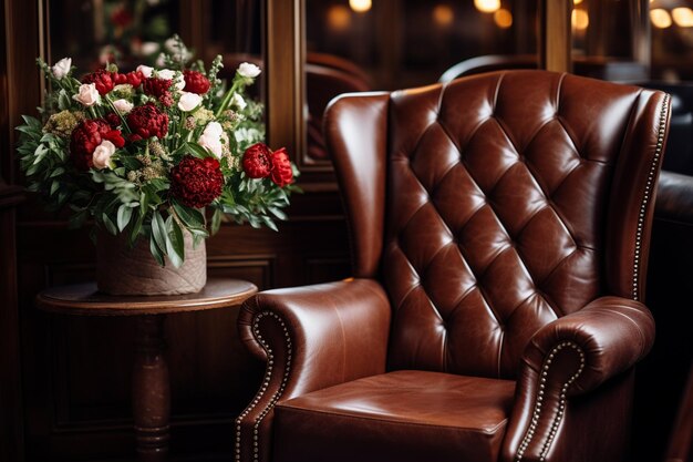 Foto um buquê de flores em uma mesa em um interior com poltronas de couro