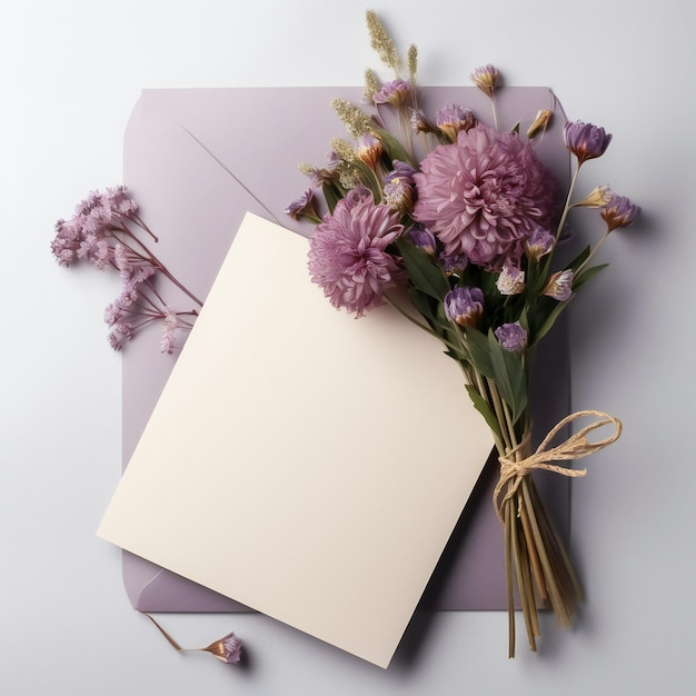 Um buquê de flores está ao lado de um cartão que diz "obrigado".