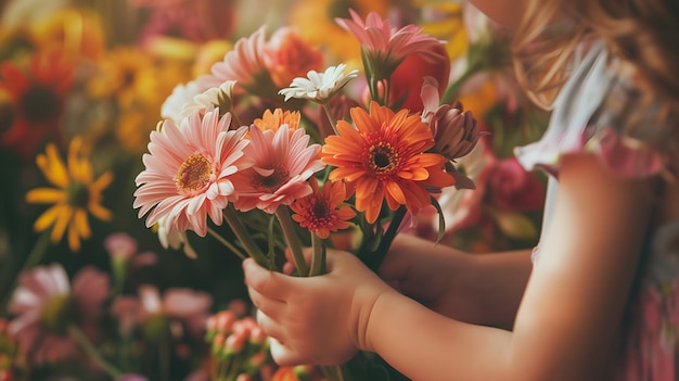 Foto um buquê de flores na mão de uma menina.