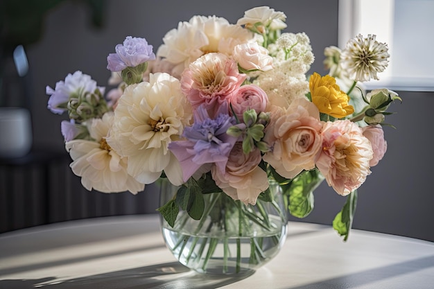 Um buquê de flores pastel em um vaso transparente criado com ai generativa