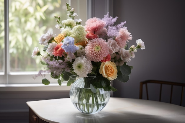 Um buquê de flores pastel em um vaso transparente criado com ai generativa