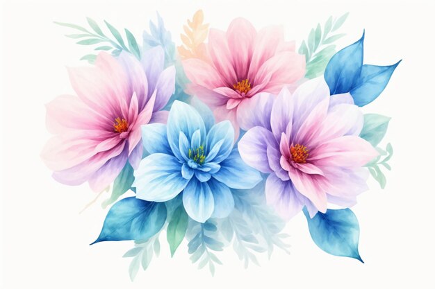 Um buquê de flores rosa e azuis em um fundo branco