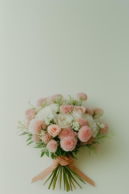 Um buquê de flores rosa e brancas fica em uma parede.