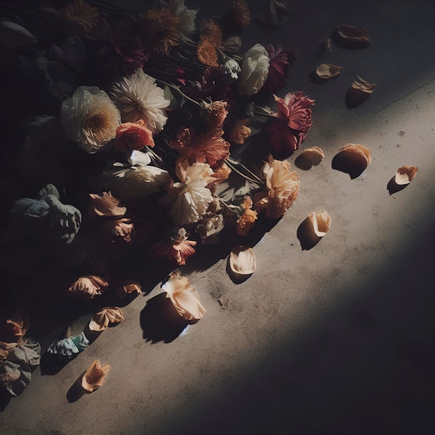 Um buquê de flores secas no chão