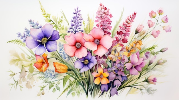 Um buquê de flores silvestres aquarela pinceladas soltas cores pastel ai generative