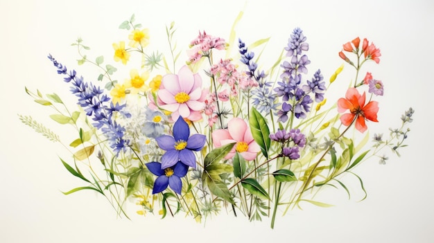 Um buquê de flores silvestres aquarela pinceladas soltas cores pastel AI Generative