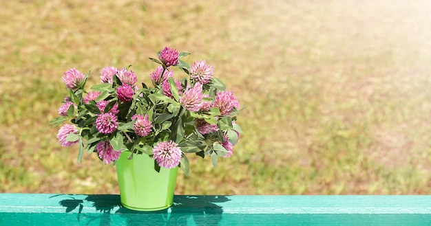 Um buquê de flores silvestres de trevo em um balde decorativo em um fundo desfocado ao sol