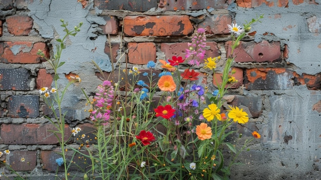 Um buquê de flores silvestres florescendo entre as rachaduras de um tijolo construindo um pop de cor no meio do