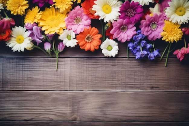 um buquê de flores sobre uma mesa de madeira.