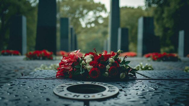 Foto um buquê de flores vermelhas e brancas senta-se em uma laje de mármore preto o buquê está na frente de um fundo desfocado de lajes de mármore escuro