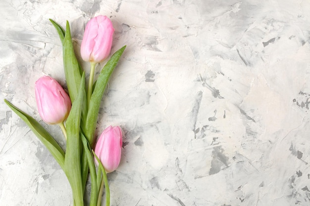 Um buquê de lindas flores de tulipas cor-de-rosa em um fundo claro de concreto Férias de primavera com vista superior espaço livre