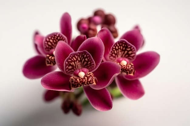 Um buquê de orquídeas roxas com centro vermelho.
