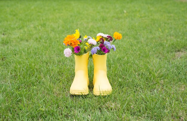 Um buquê de outono de flores em botas amarelas em um fundo de grama verde