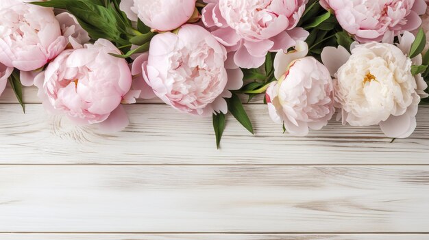 Um buquê de peônias cor-de-rosa em uma mesa de madeira branca.