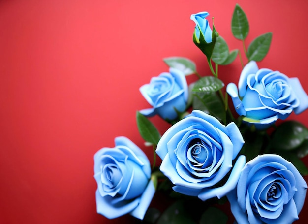 Um buquê de rosas azuis está na frente de um fundo vermelho.